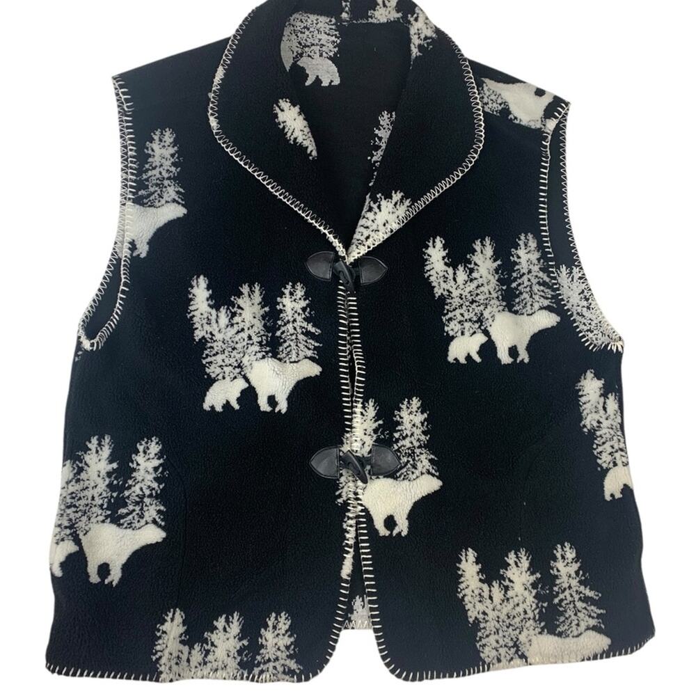 Vintage fleece vest women's XL Black White Bear momma cub woodland cabin earthy